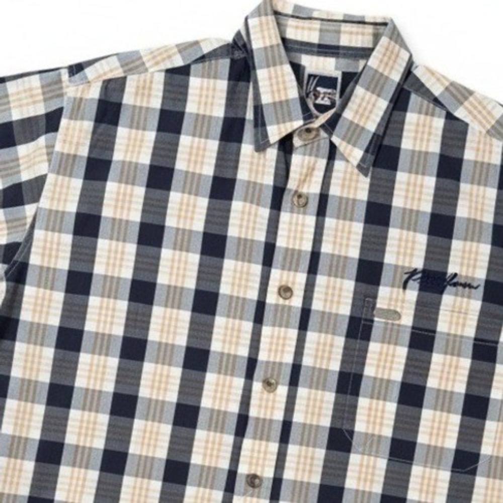 Phat Farm Plaid Button Down Shirt Men Medium Short Sleeve Navy Tan Hip Hop Y2K